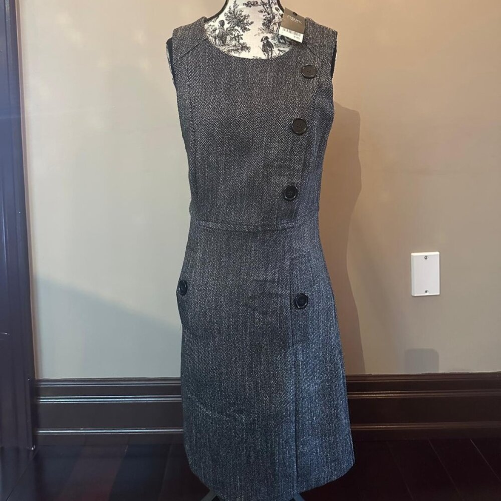 Next NWT Grey Tweed Herringbone Sheath Dress Sleeveless Button Detail Workwear - Picture 3 of 7